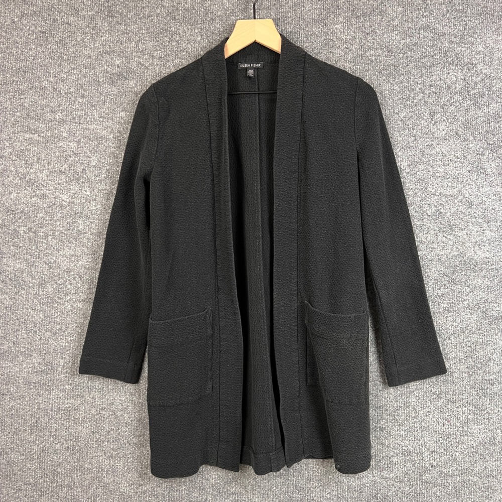 Eileen Fisher Womens XS Black Textured‎ Knit Open Front Cardigan Sweater